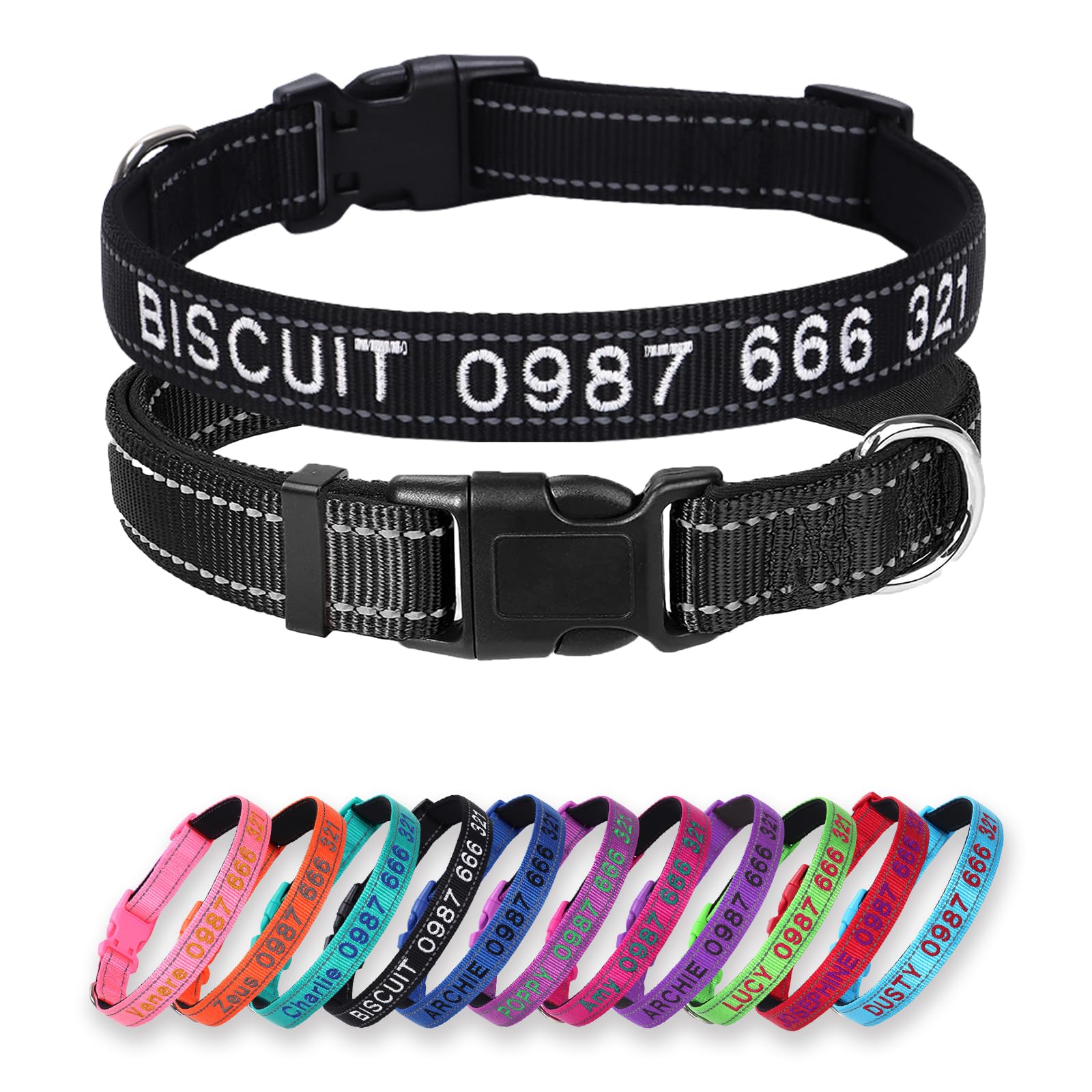 Custom Reflective Dog Collar - Personalized Embroidered Name & Phone Number - Soft Neoprene Padded & Breathable Nylon - Adjustable Fit for Large, Medium, Small Dog Puppies,Black