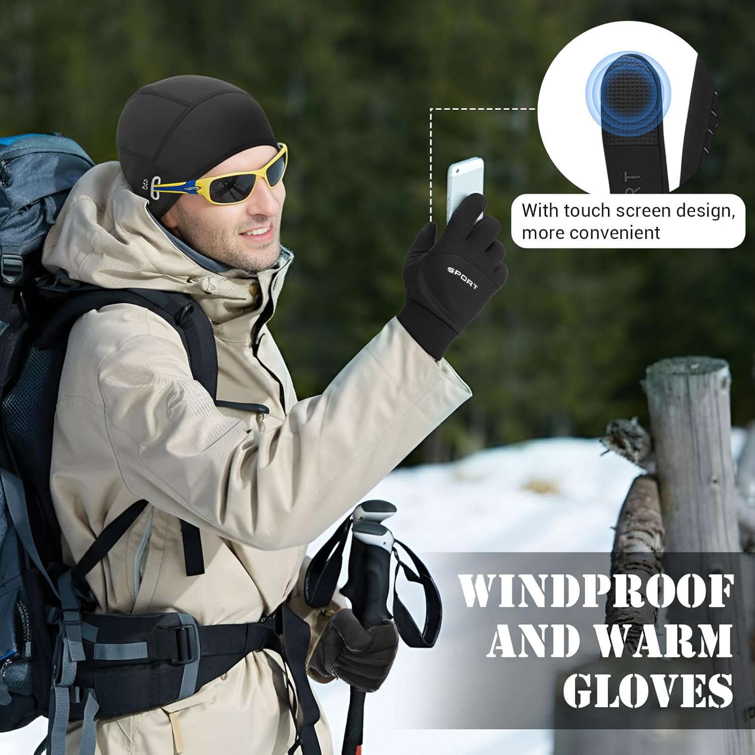 3 Pack Winter Cycling Skull Cap for Men Under Helmet Liner Thermal Fleece Bike Beanie Hat with Glasses Holes Windproof Waterproof Touchscreen Gloves Black Warm Socks Set - Image 6