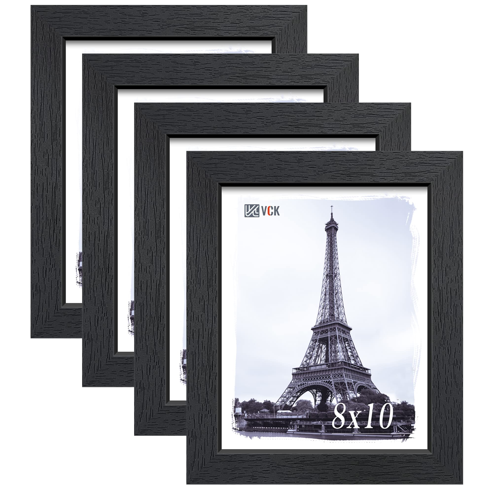 VCK 8x10 Picture Frame Set of 4, Black Solid Wood Picture Frames with Exclusive Woodgrain, Wall Gallery Frame