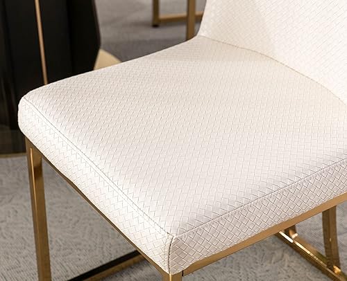 Miniatura 5 de VESCASA Sillas de comedor tapizadas de piel sintética tejida con respaldo, sillas modernas de mediados de siglo con marco de metal dorado para