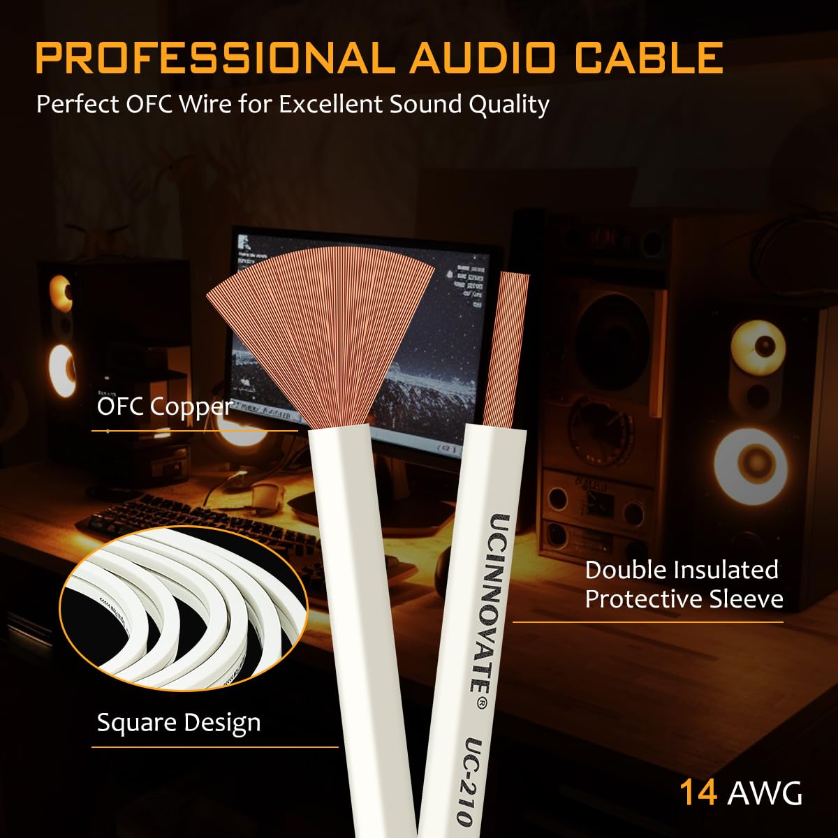 Câble de haut-parleur OFC 14 AWG avec fiches bananes à broches, câble de haut-parleur blanc HiFi 3 m avec fiches banane plaquées or, câble de haut-parleur carré pour système audio Hi-Fi
