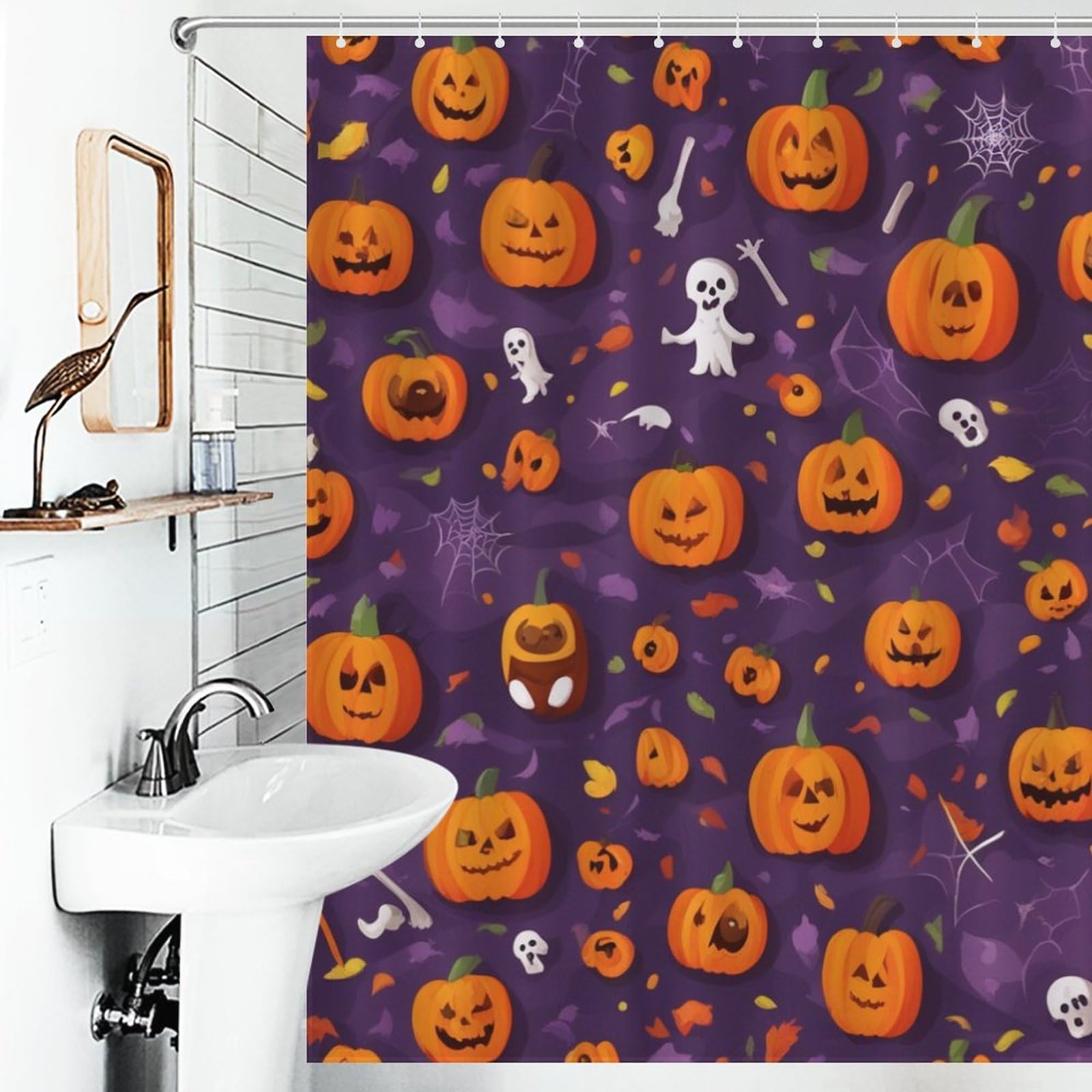 Vintage Halloween Duschvorhang Mit Totenkopf & Geistern | 180x180 Cm, Wasserdicht, Inkl. 12 Haken