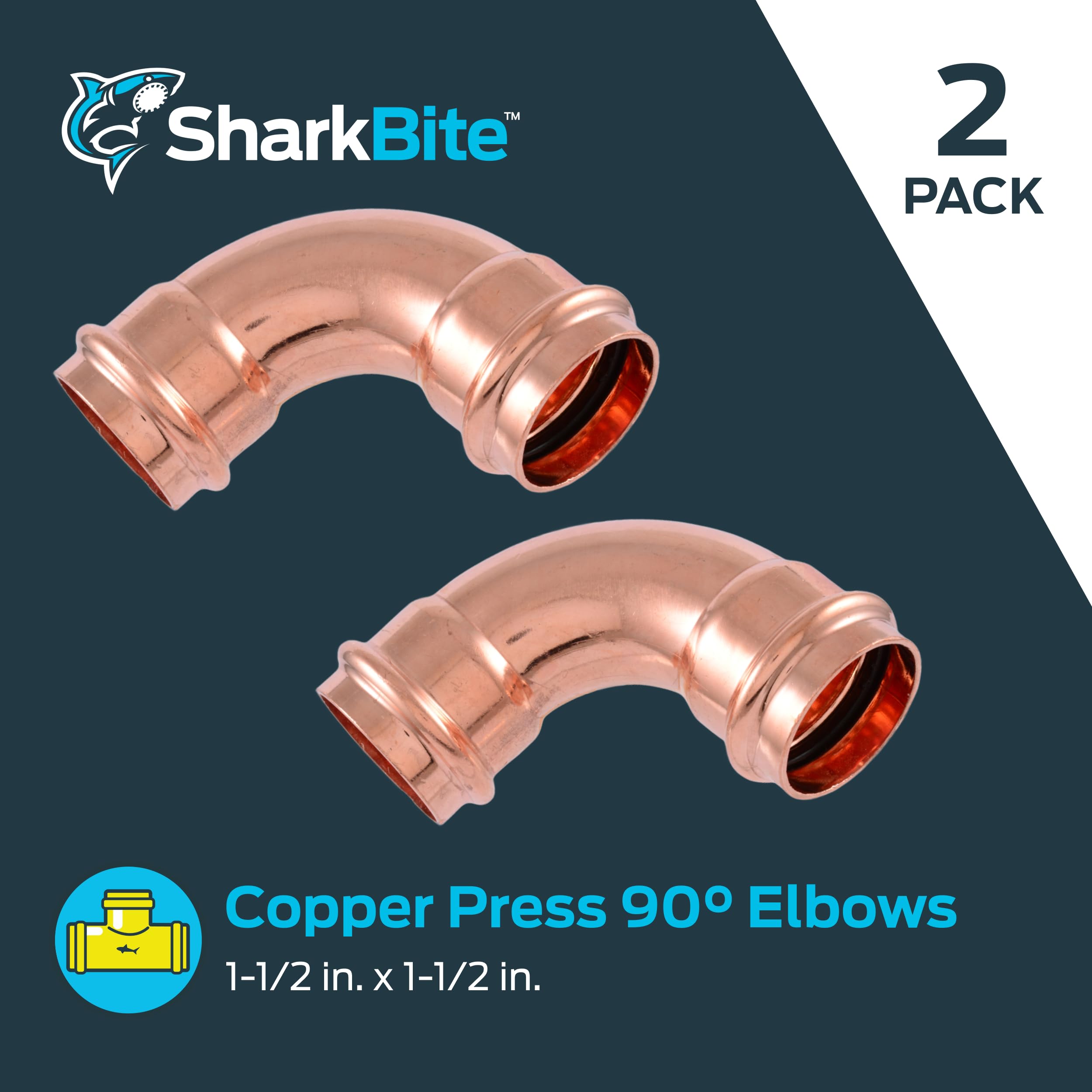 SharkBite Codo de 90 grados de 1-1/2 x 1-1/2 pulgadas, accesorio de fontanería de prensa de cobre, paquete de 2, UPR0241X2