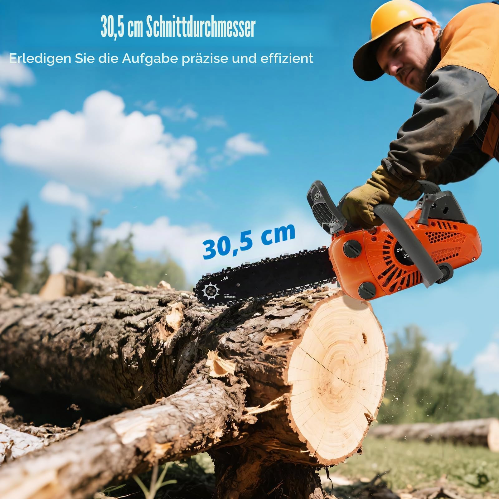 25.4ccm Benzin Kettensäge mit 300cm Schwert, 1.2 PS Mini Kettensäge 2 Takt Motorsäge Benzin max. 9000 U/min, Autom. Kettenschmierung, Motorsäge Top Handle für Gartenpflege und Brennholz