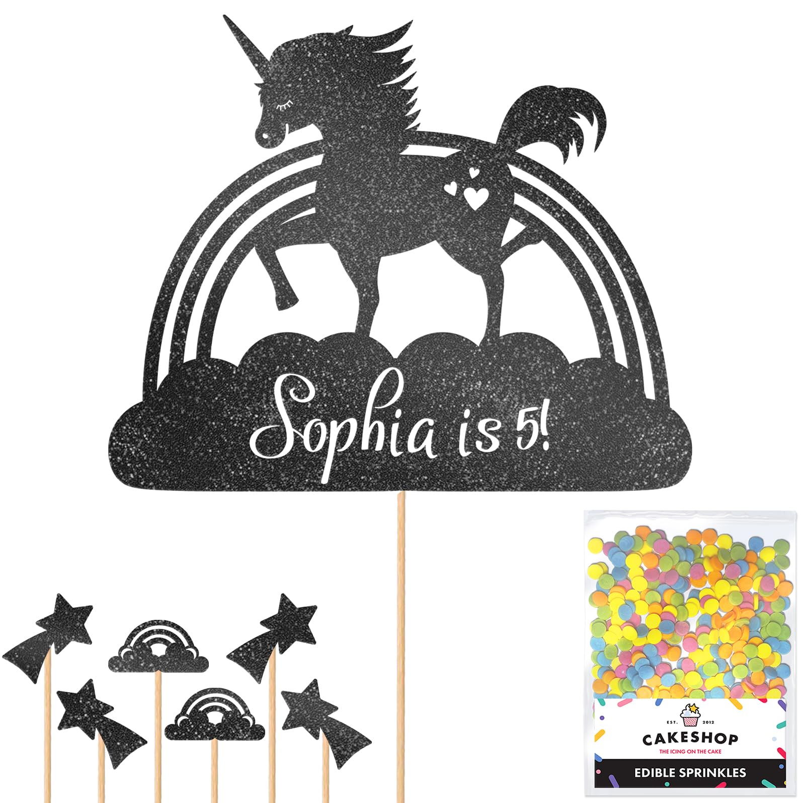 Personalised Unicorn Rainbow Glitter Cake Topper- Black Any Custom Age & Name Glitter Cake Decoration and Sprinkles - Happy Birthday Decorations - Personalised Toppers for Cakes by Cakeshop