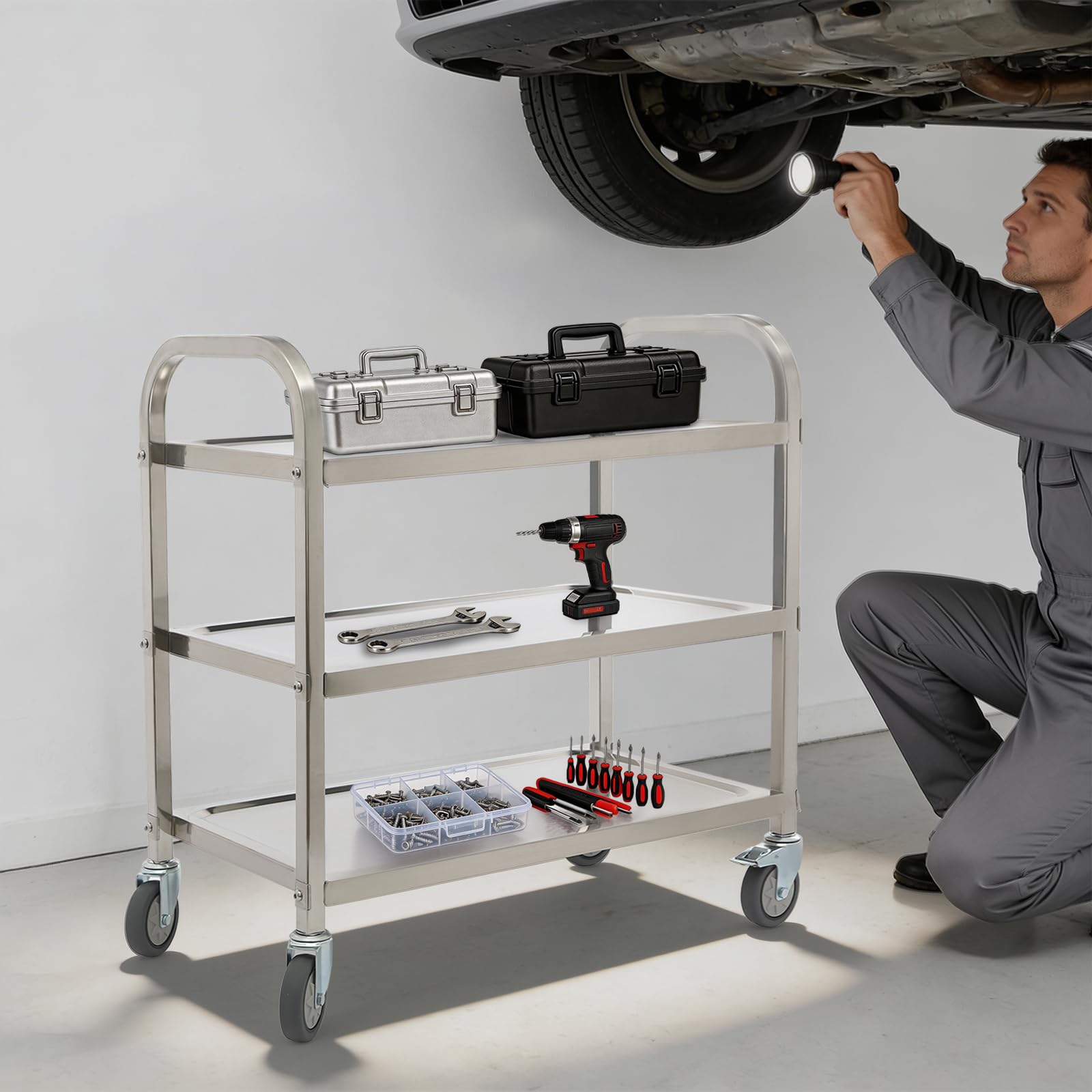 Carro de servicio de 75 x 40 x 83,5 cm, acero inoxidable, 3 estantes, con 4 ruedas giratorias 360° (2 frenos) para restaurantes, cocinas u hoteles