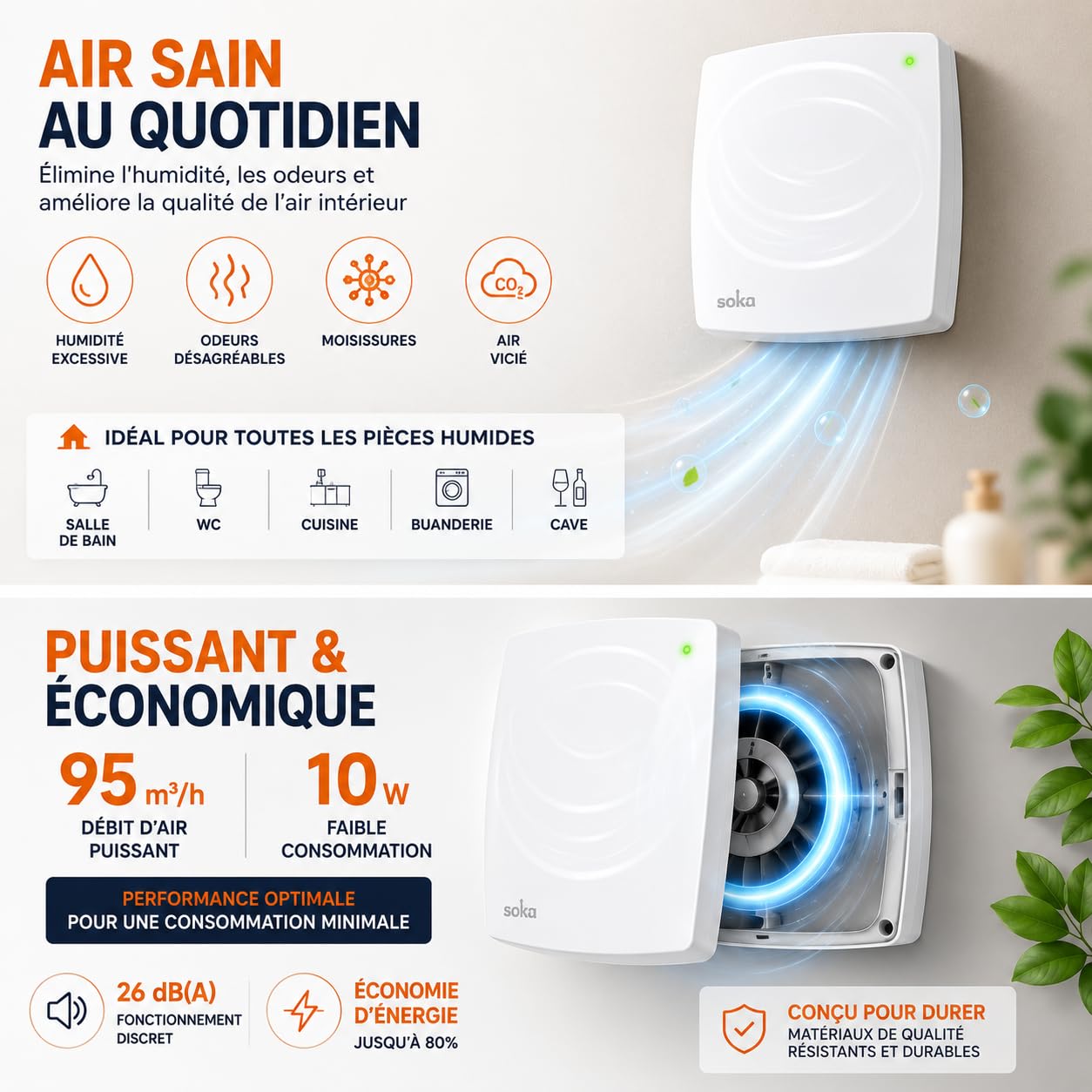 Ventilateur Extracteur d'Air VMC Salle de Bain Ø100 Hygroréglable Silencieux 95m³/h