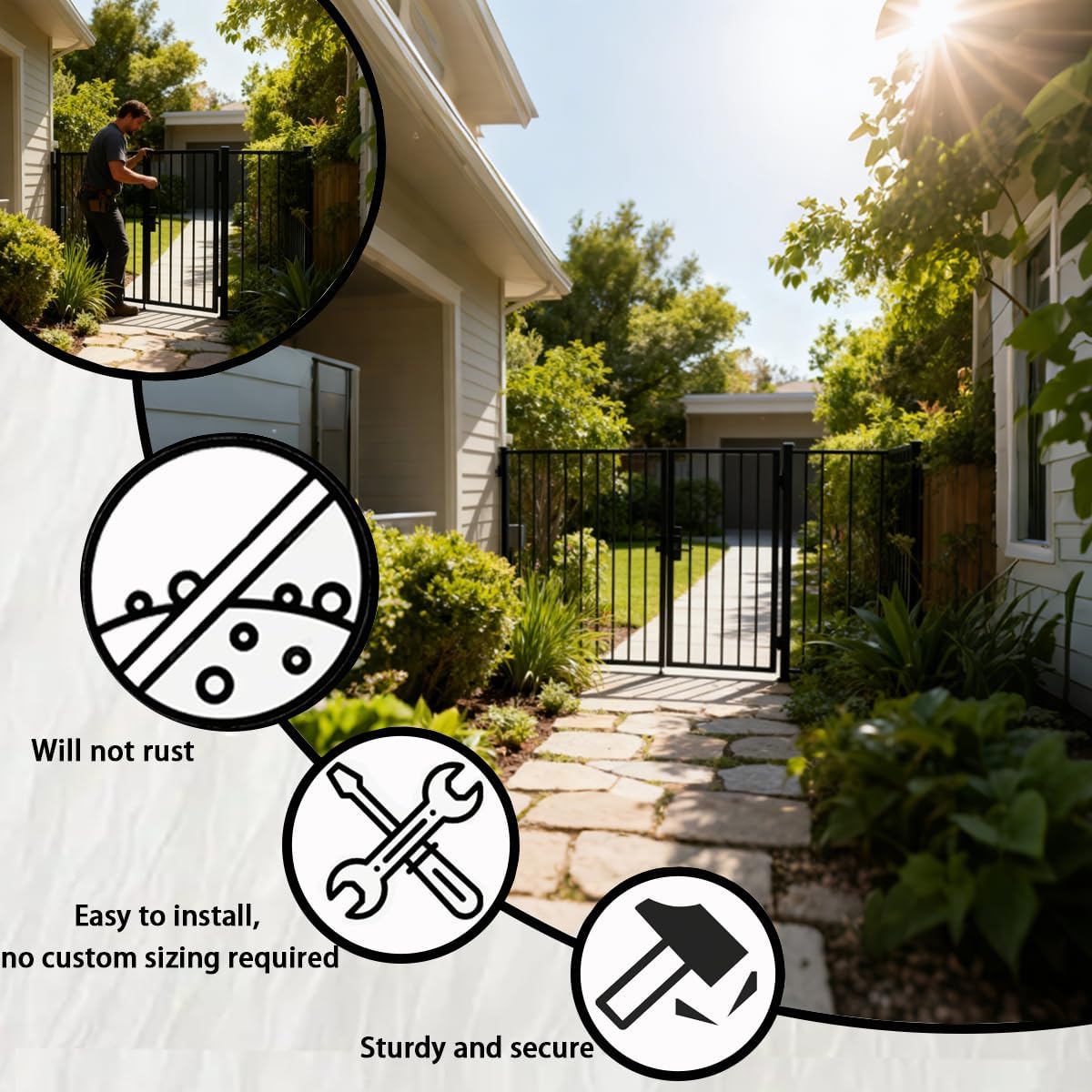 Fence Gate Kit Metal Outdoor Gate 38“ Height x 48” Length Black Fence Gate Suitable for Decks, Homes, Yards, Patios, Gardens, and DIY Projects (Includes Hinges and Latch)