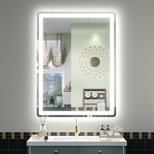 Miniatura 14 de SMIROR Espejo de baño LED con luces de 22" x 30", espejo de tocador rectangular redondeado iluminado para pared, iluminado frontal y retroiluminado,