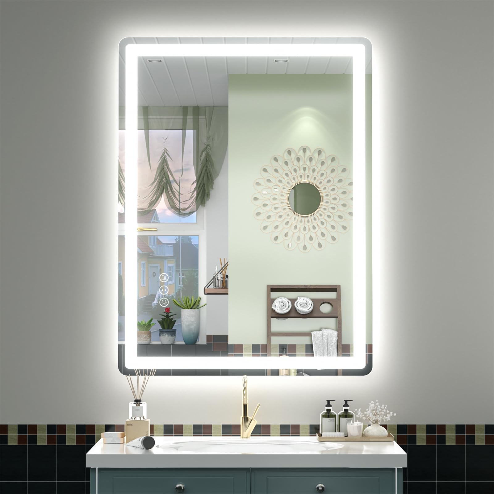 smiror led bathroom mirror with lights 24"x 32", rounded rectangle lighted vanity mirror for wall, front lit and backlit, 3 colors, dimmable, anti-fog, tempered glass (horizontally/vertically)