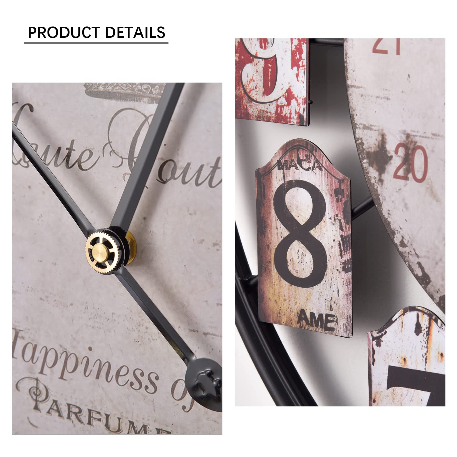 Yumyolk 60 cm grote vintage wandklok met Arabische cijfers, woonkamer houten wandklokken zonder tikken, woonaccessoires decoratie, ronde metalen kleurrijke wandklokken (2022
