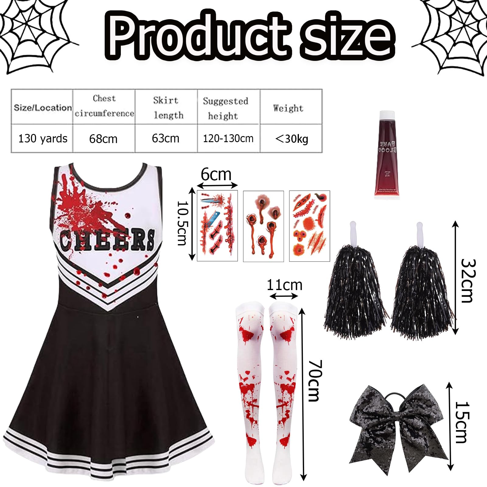 Pddenality 9 PCS 130 Yards Zombie Cheerleader Costume Kids Set, Cheerleader Outfit Kids, Girls Halloween Costume - Image 2