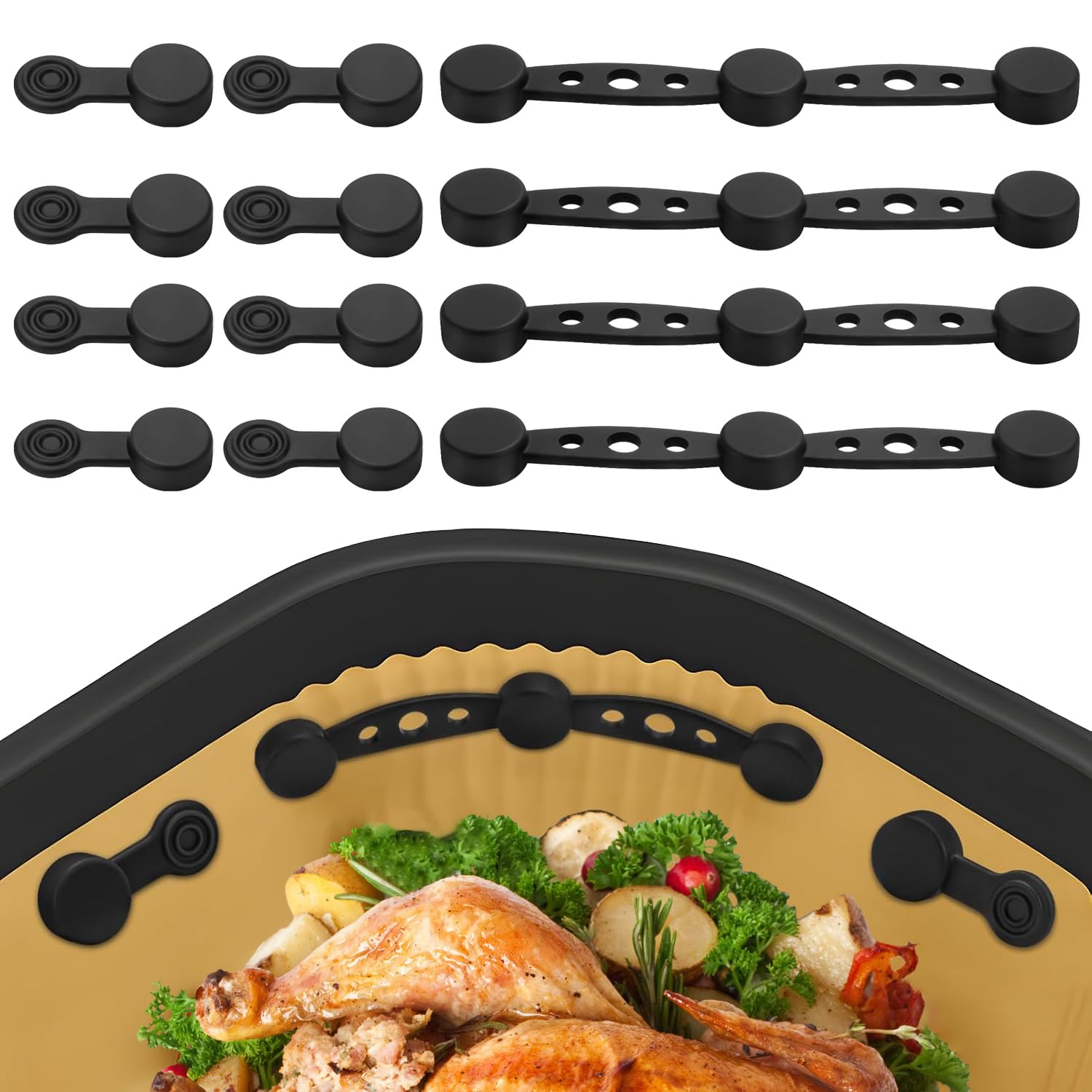 12 Stück Airfryer Magnete für Backpapier, Silikon Magnete Schnalle für Heißluftfritteuse, 4 Silikonstreifen 8 Schnallen, Festhalten Von Pergamentpapier, Wiederverwendbare Airfryer Zubehör (Schwarz)