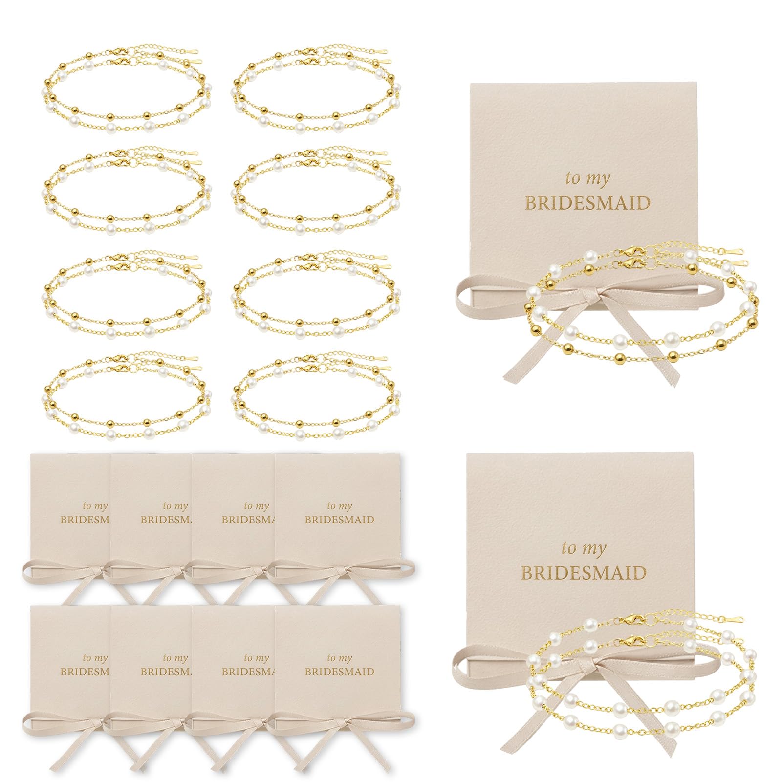 Dreamfox 24PCS 8 Set Bridesmaid Gift Pearl Bracelets for Women 18K Gold Bracelets Bulk Surgical Stainless Steel Bridesmaid Jewelry for Wedding Party Favor