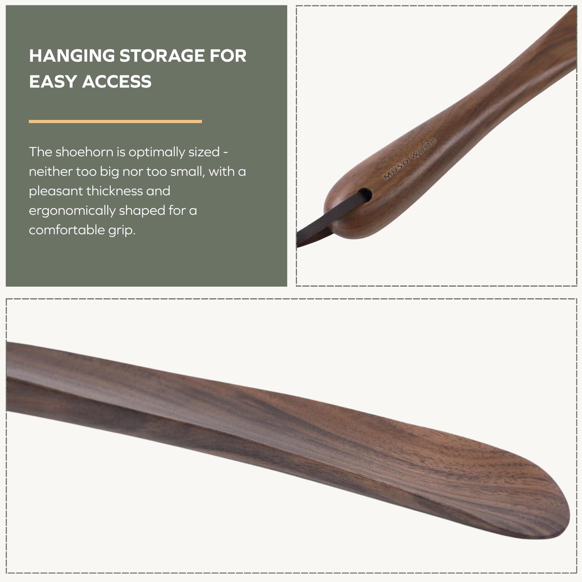 Muso Wood Chausse-pied en bois de noyer à long manche (38,1 cm) pour hommes, femmes, enfants, personnes âgées, grossesse