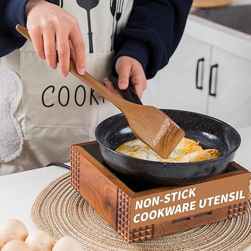 Miniatura 5 de Juego de utensilios de madera con mango de metal de oro rosa, juego de espátulas de nogal negro de alta calidad, utensilios de cocina de 14 pulgadas