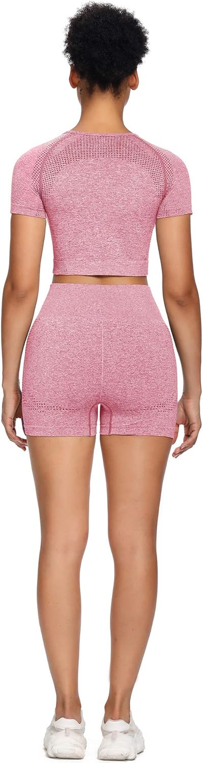 Women Seamless Yoga Outfits 2 Piece Set Workout Gym Shorts + Short Sleeve Crop Top