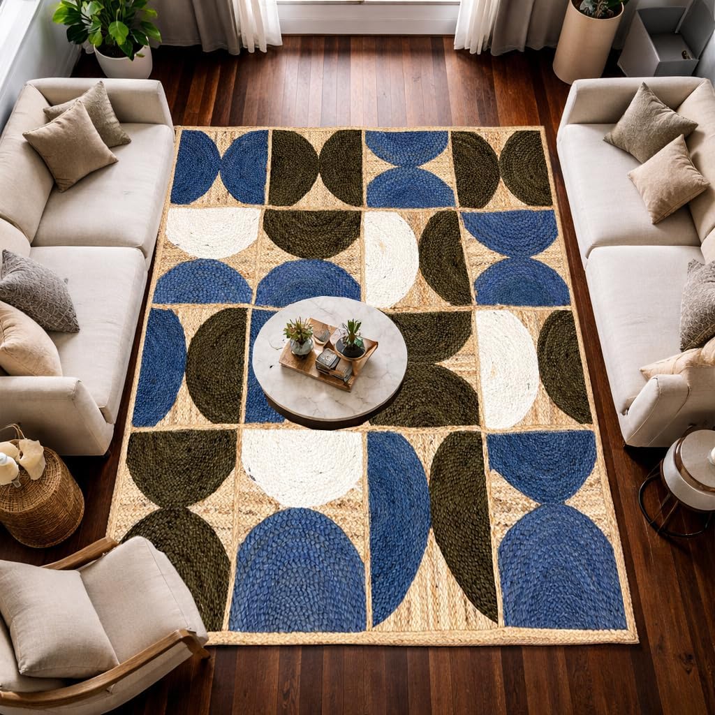 Heavy Material Handmade Jute Area Rug Natural Jute Kilim Rug 10x18 Thick 0.27" Geometric Blue & White Half-Moon Rugs for Living Room, Kids Room, Indoor Outdoor Carpet