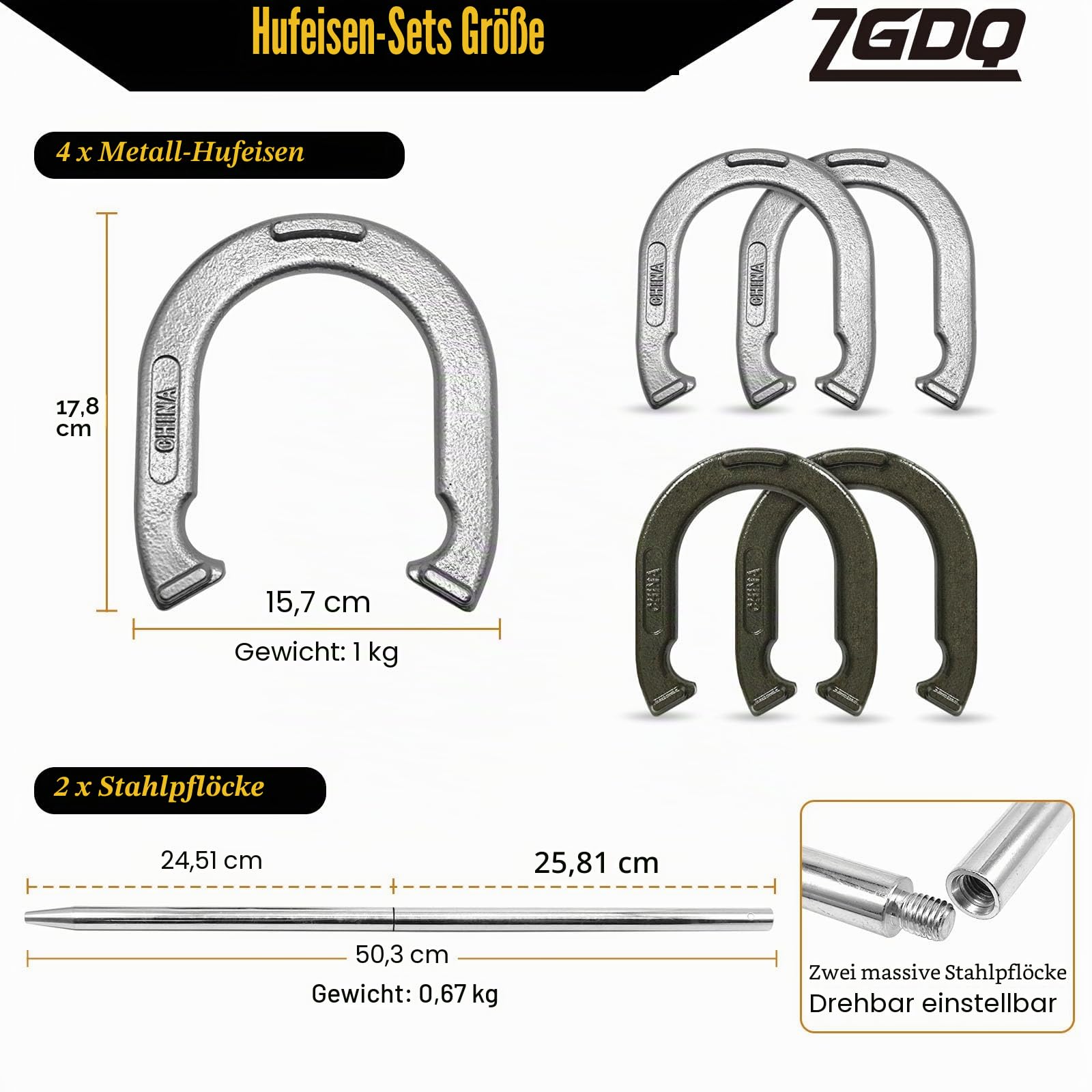 Sport Hufeisen Set, Hufeisen Outdoor Game, 4 Heavy Duty Hufeisen, 2 Stahlpfähle, Tragetasche, Legierter Stahl, Silber/Schwarz, Hufeisen Spiele Set für Partys, Strand, Hinterhof