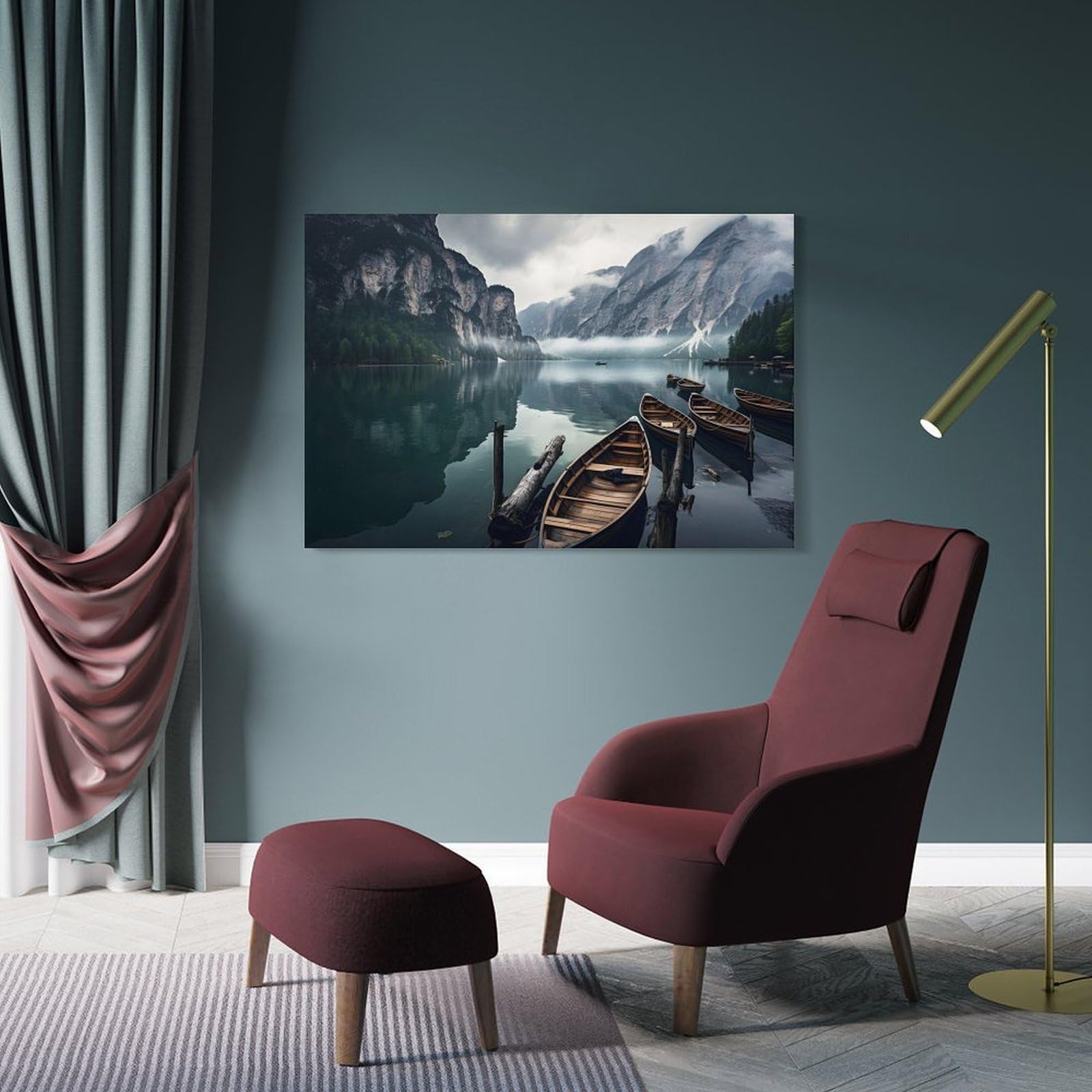 Junmoney Mountains at Lake Boats Canvas Art Print 16x24inch(40x60cm), for New Homes, Bedrooms Or Workspaces, Gift Idea for Housewarming And Birthdays