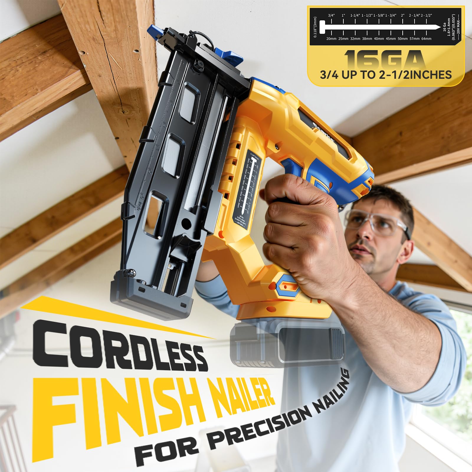 Ecarke Finish Nailer - Clavadora de calibre 16 compatible con batería Dewalt de 20 V, clavadora recta inalámbrica de 3/4 a 2-1/2 pulgadas, ajuste sin herramientas, pistola de clavos de doble modo de