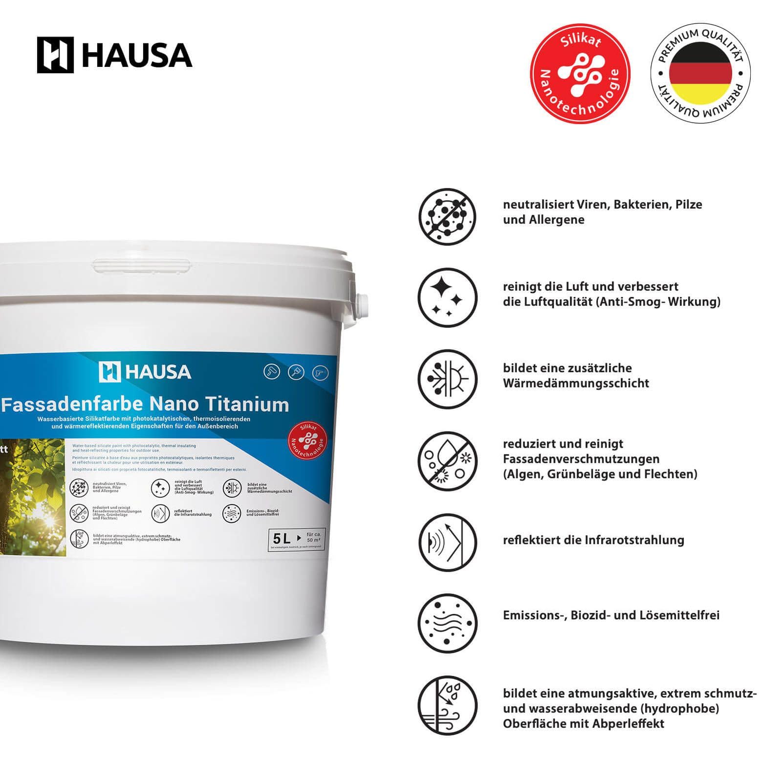 HAUSA Fassadenfarbe Nano Titanium 5L weiß matt Wandfarbe für Außen mit Abperleffekt, extrem wetterbeständig, energiesparend thermoisolierend, reinigt die Luft (Anti-Smog Wirkung) algenresistent