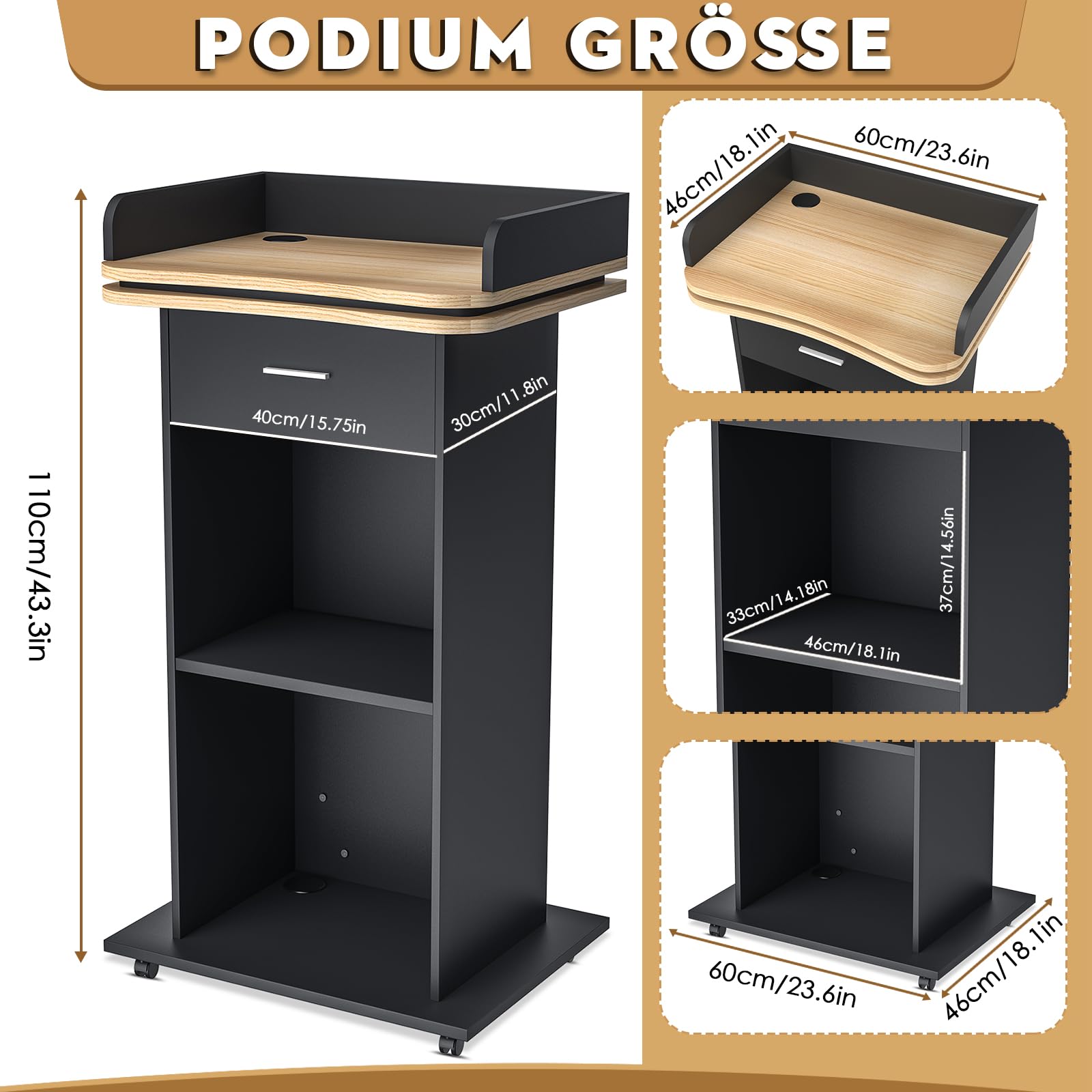 Holz-Podium, Holzpodium mit Ausziehbarer Schublade & Rädern, Premium hohes Massivholz Kanzel Rednerpult mit Doppellagiges Ablagefach, Rednerpult for Kirche, Vortrag, Schul, Seminar (110x46x 60cm)