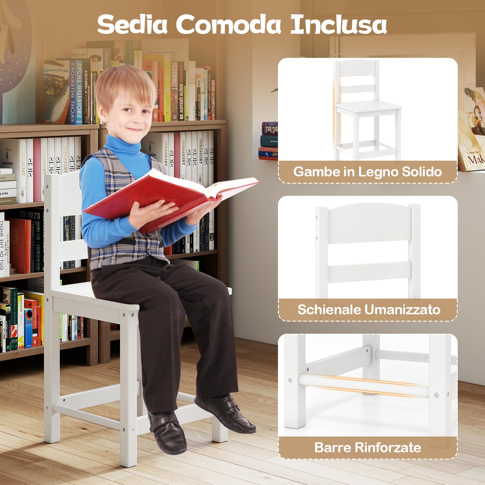 RELAX4LIFE Set Tavolo e Sedie per Bambini con Cassetto, Nicchia e Armadietto per Scuola/Studio, Adatto ai Bambini 4-8 Anni (BIANCO)