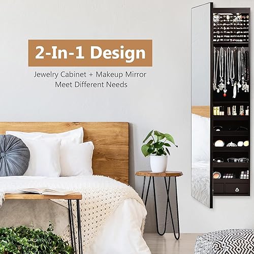 Miniatura 6 de HAPPYGRILL Armario de joyería montado en la puerta de pared, organizador de almacenamiento de joyas con cerradura con espejo de longitud completa, 2