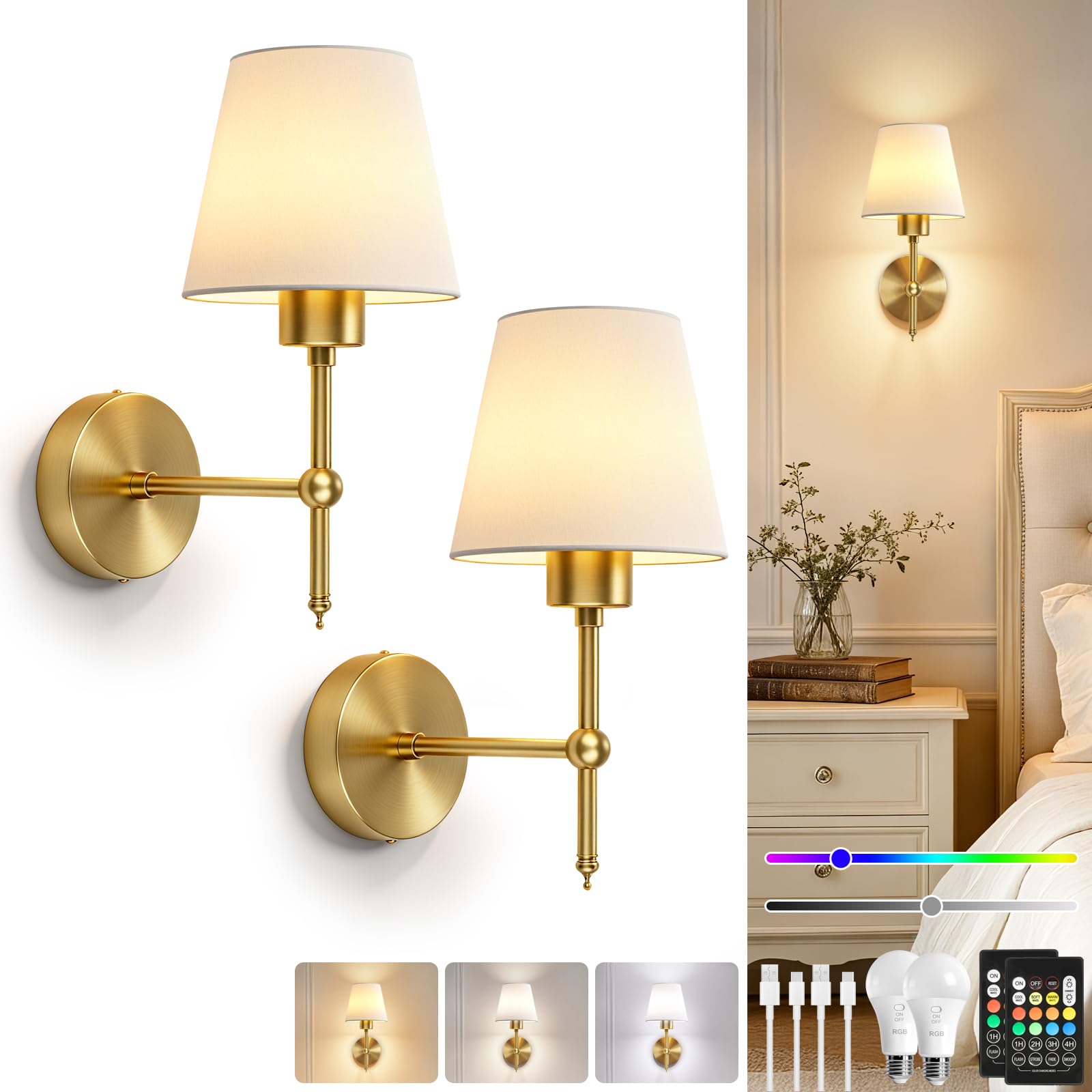 Dehobo Battery Operated Wall Lights Set of 2, Rechargeable LED Wall Sconces with Fabric Shade, Dimmable Wireless Lamp with Remote, 3CCT 12 RGB, Modern Indoor Decor for Bedroom Living Room Hallway