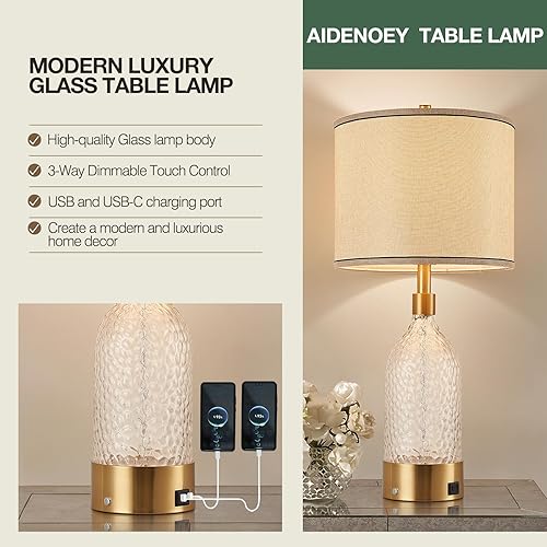 Miniatura 6 de AIDENOEY Juego de 2 lámparas de mesa de cristal modernas de 27.5 pulgadas, lámparas de noche con puertos USB-C y USB, control táctil regulable de 3