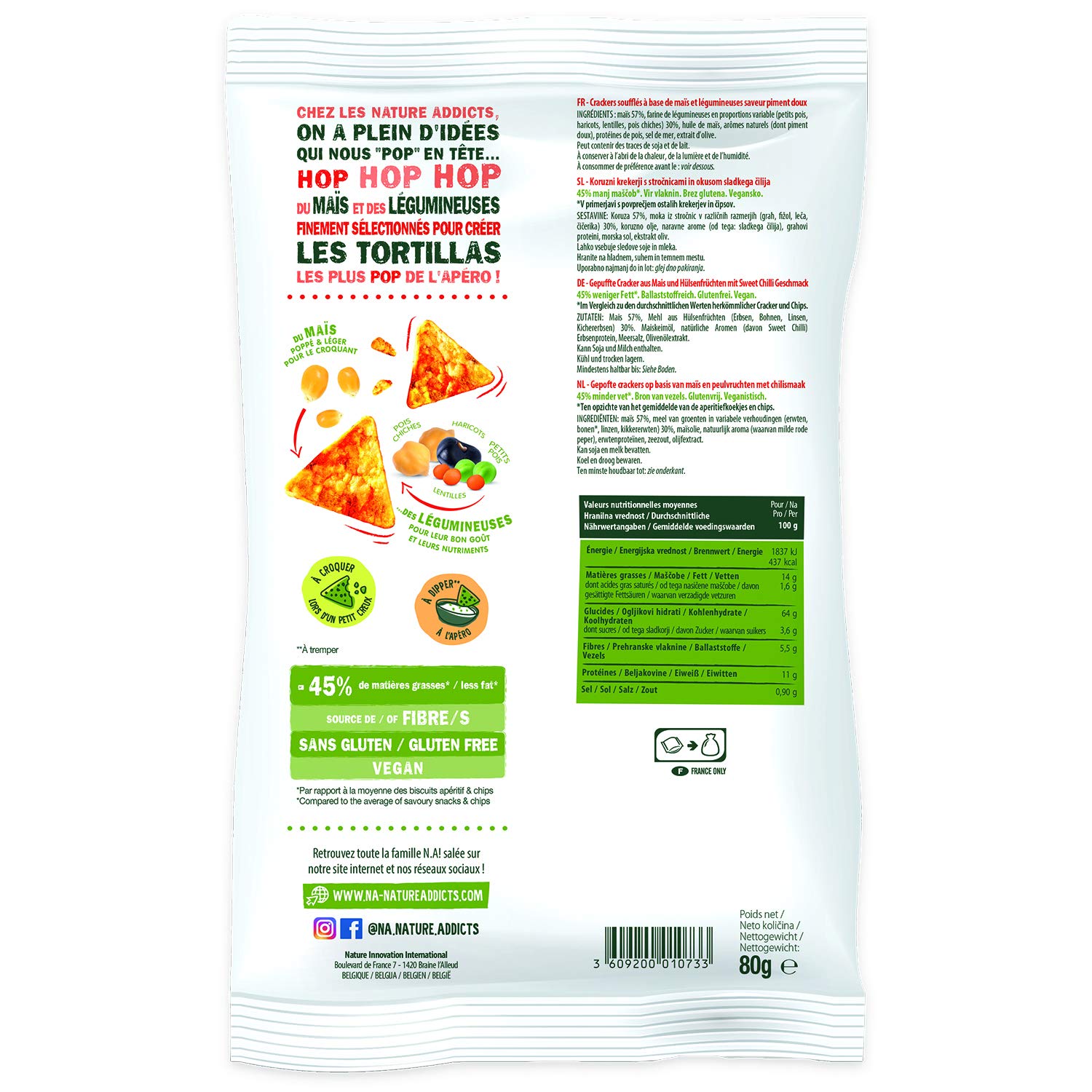 NA! NATURE ADDICTS Tortillas Pop Piment Doux Soufflées à Base de Maïs/Légumineuses 80 g
