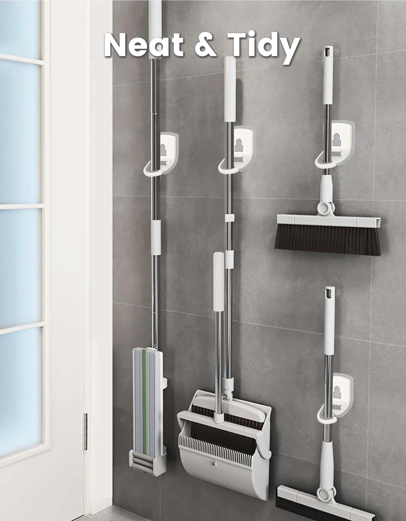 Soporte de pared para escoba, organizador de escoba y trapeador, para colgar en la pared, sin perforar, gancho antideslizante para escoba sobre la puerta para el hogar, cocina, jardín 5