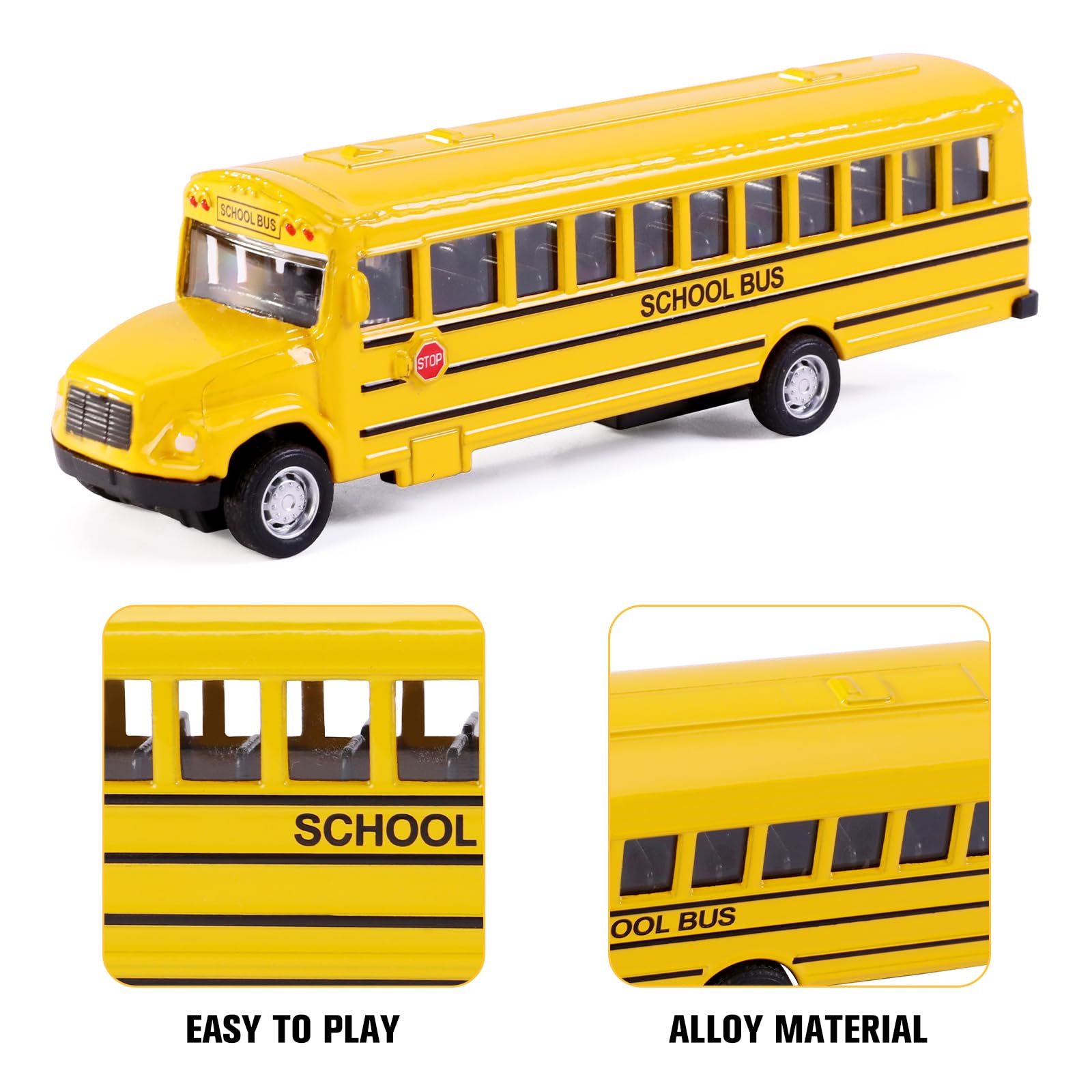 Paquete de 2 juguetes de autobús escolar amarillo brillante, 5.5 pulgadas, vehículos de juguete de fricción de metal fundido a presión para niños y niñas 4
