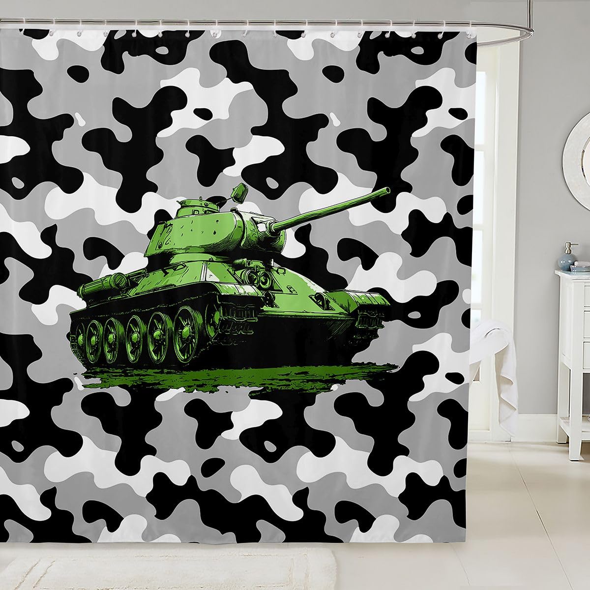 Rideau de douche camouflage pour baignoire afin d'éviter les éclaboussures avec style