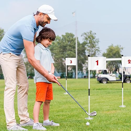 Miniatura 5 de Hungdao Juego de 3 banderas de golf con tazas para practicar poner poste verde, asta de bandera, agujero de golf, banderas de nailon, mini palos