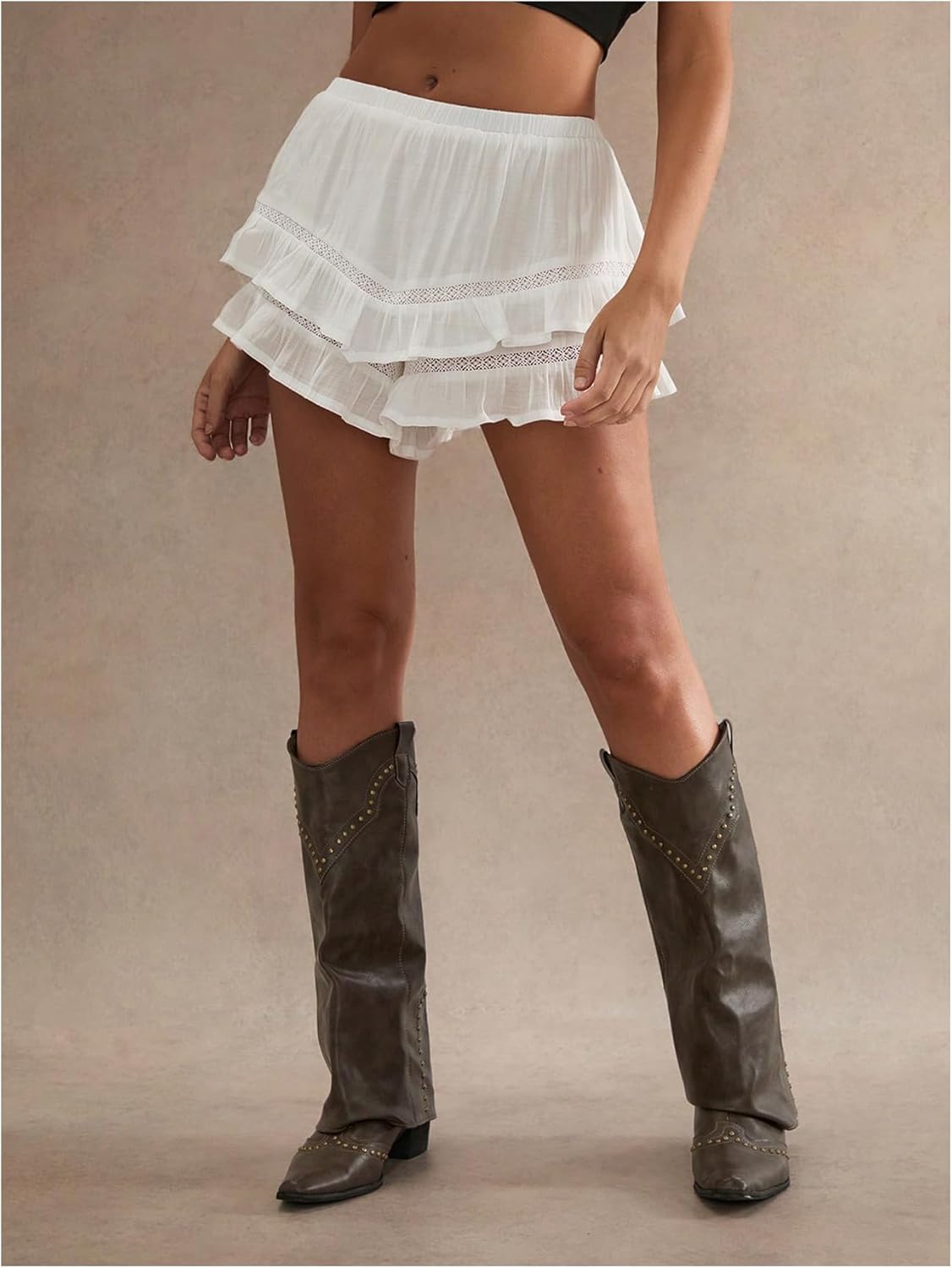 MakeMeChic Women's Lace Ruffle Shorts Elastic Waist Flowy Tiered Summer Boho Skorts - Image 3