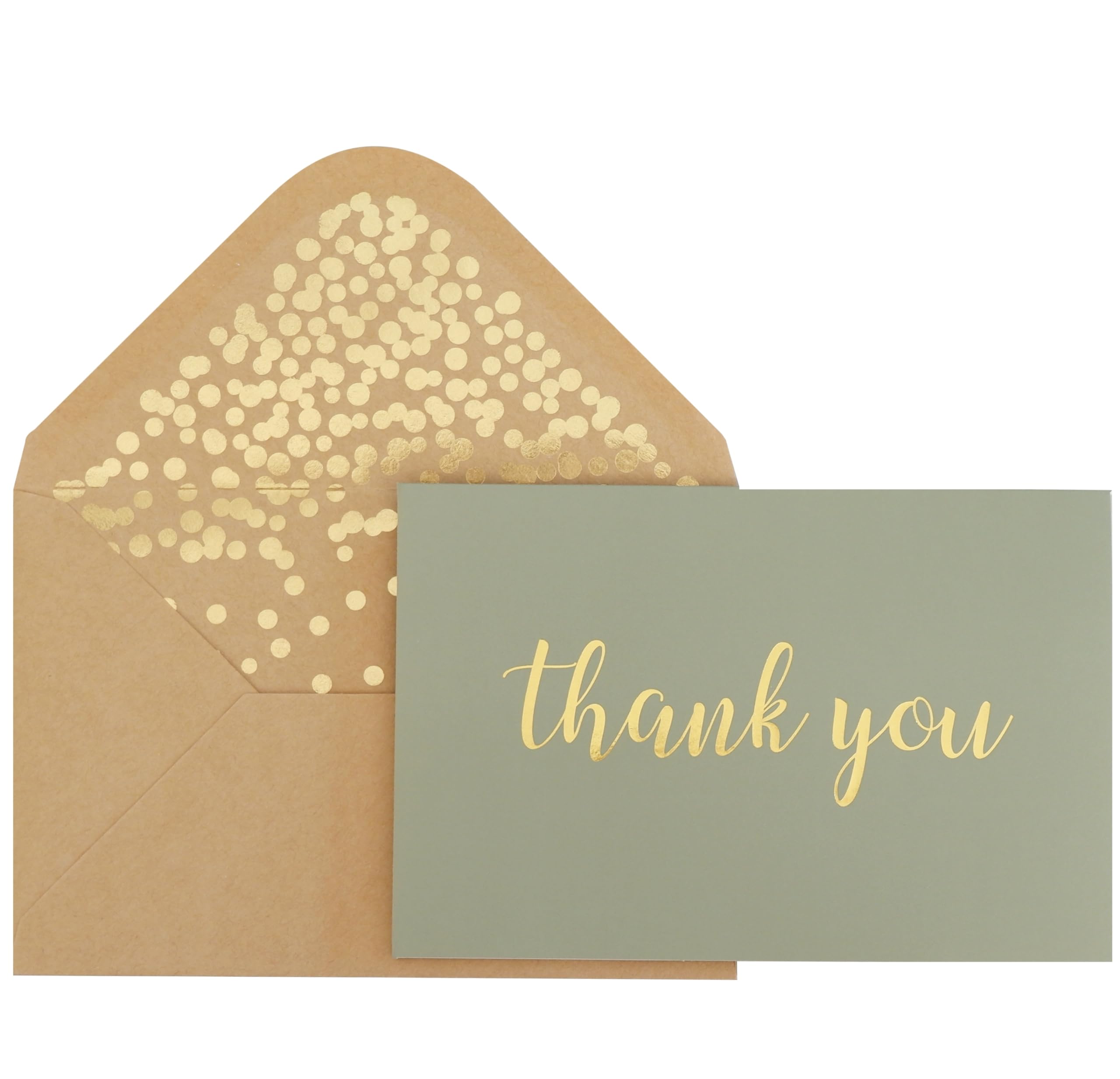 CHRIZ.Z Thank You Cards - Blank 50 Pack Sage Green Matte Finish Cards with Gold Foiled Thank You with 52 Confetti Kraft Envelopes 4" x 6" - for