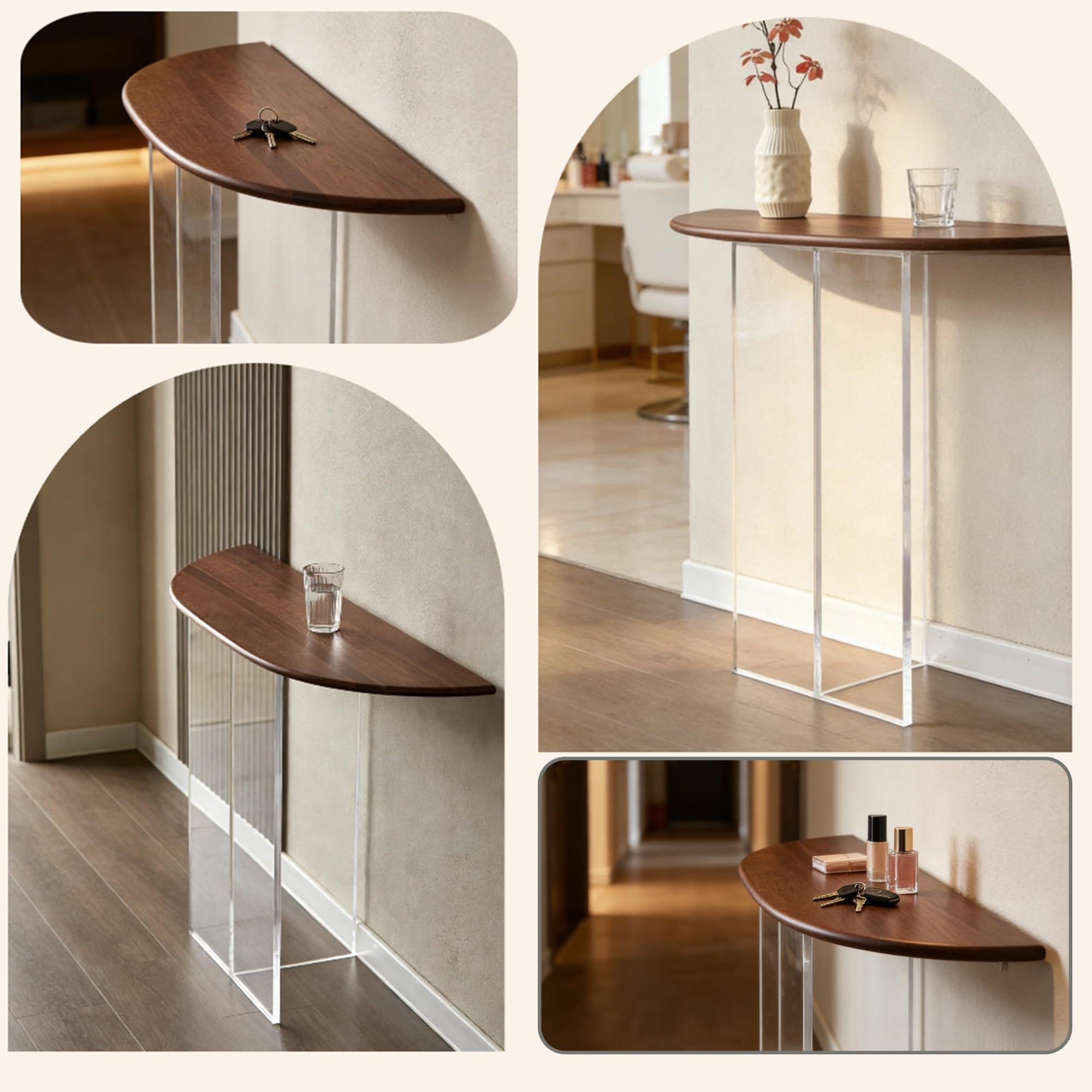 Tavolo da ingresso moderno, console stretta con gambe in acrilico e piano in legno massello, elegante mensola accento per soggiorno, corridoio, atrio, marrone, 80 cm
