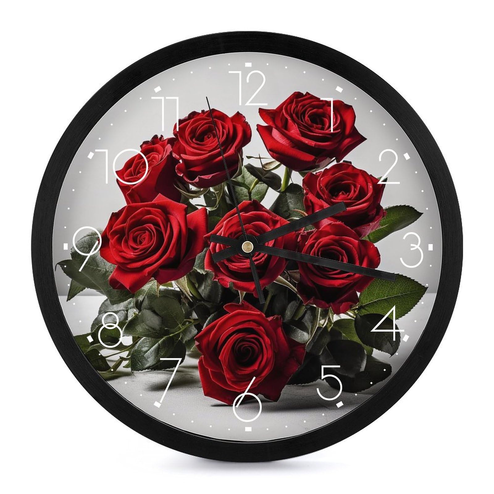 Horloge murale moderne ronde 25cm à piles avec bouquet de fleurs rouges