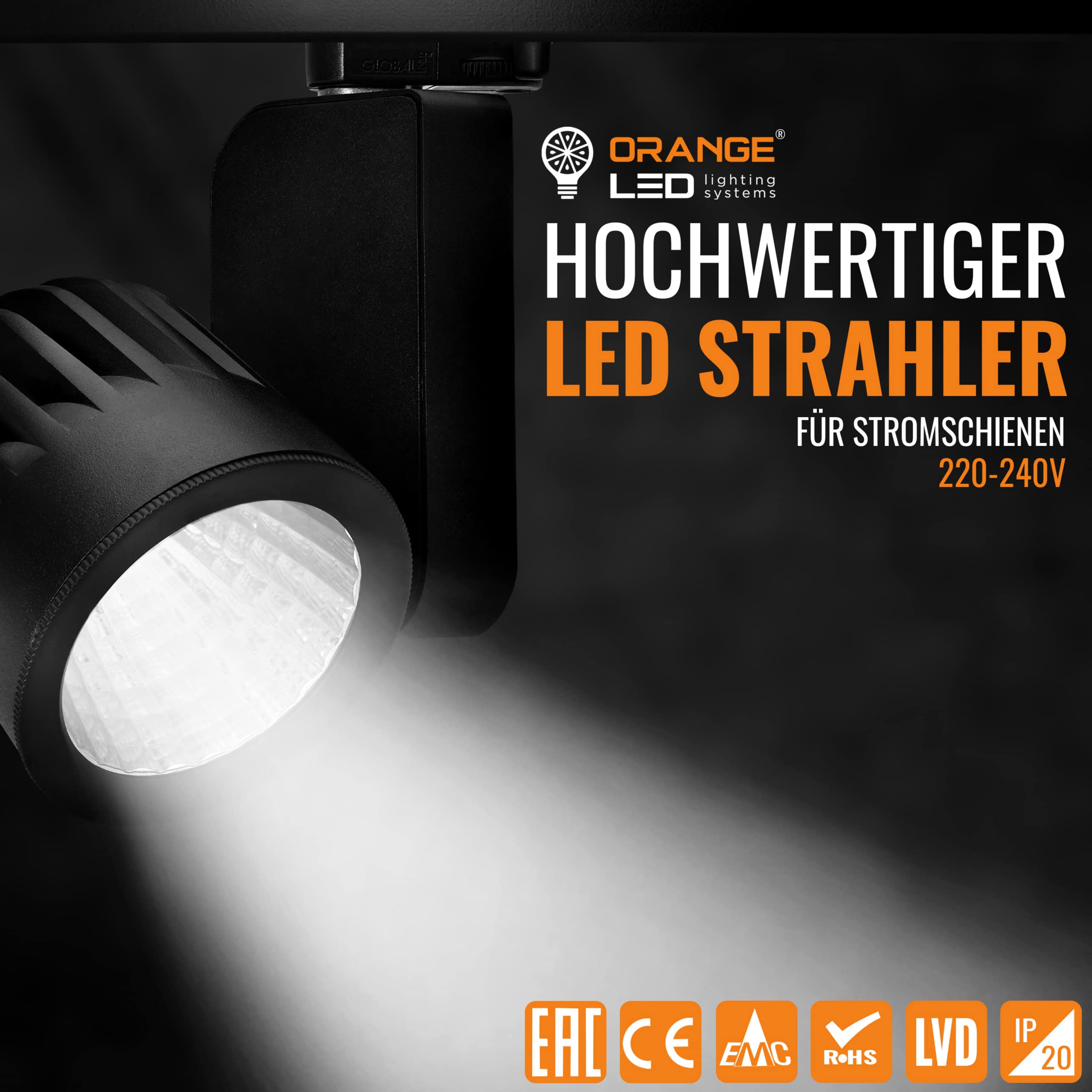 ORANGE LED 3-Phasen Schienen Deckenstrahler - OR-601 LED Spot schwarz - 40W - 30° - hochwertiger LED Strahler für Stromschienen - Schienensystem Leuchte - Stromschienenstrahler (3000K)