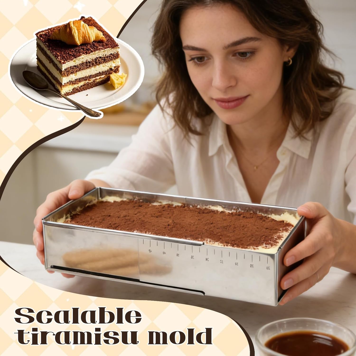 3 Set Tiramisu Mold,Adjustable Rectangle Tiramisu & Mousse Cake Mold Set - Extendable Stainless Steel Cake Ring, 3-Edge & Angled Scrapers, Home Baking Toolkit