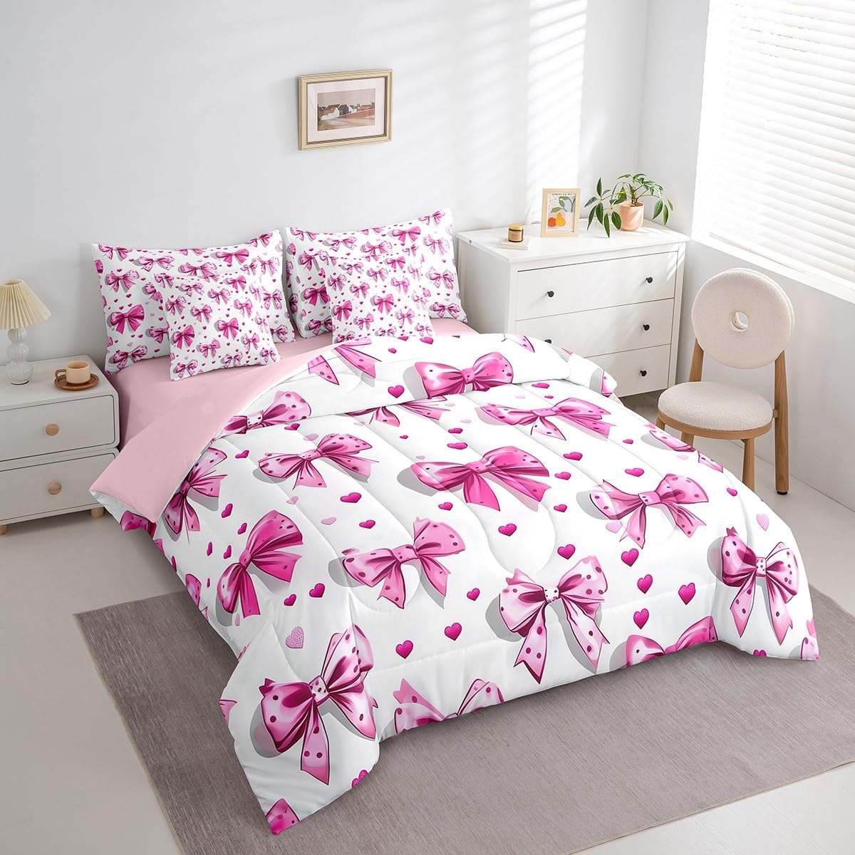 Erosebridal Girls Bowknot Queen Comforter Set 7 Piece, Cartoon Bow Knot Bedding Set Princes Love Heart Bed in A Bag for Boys Girls Teens Women Bedroom, Dreamy Princess Bed Cover with 2 Pillow Cases