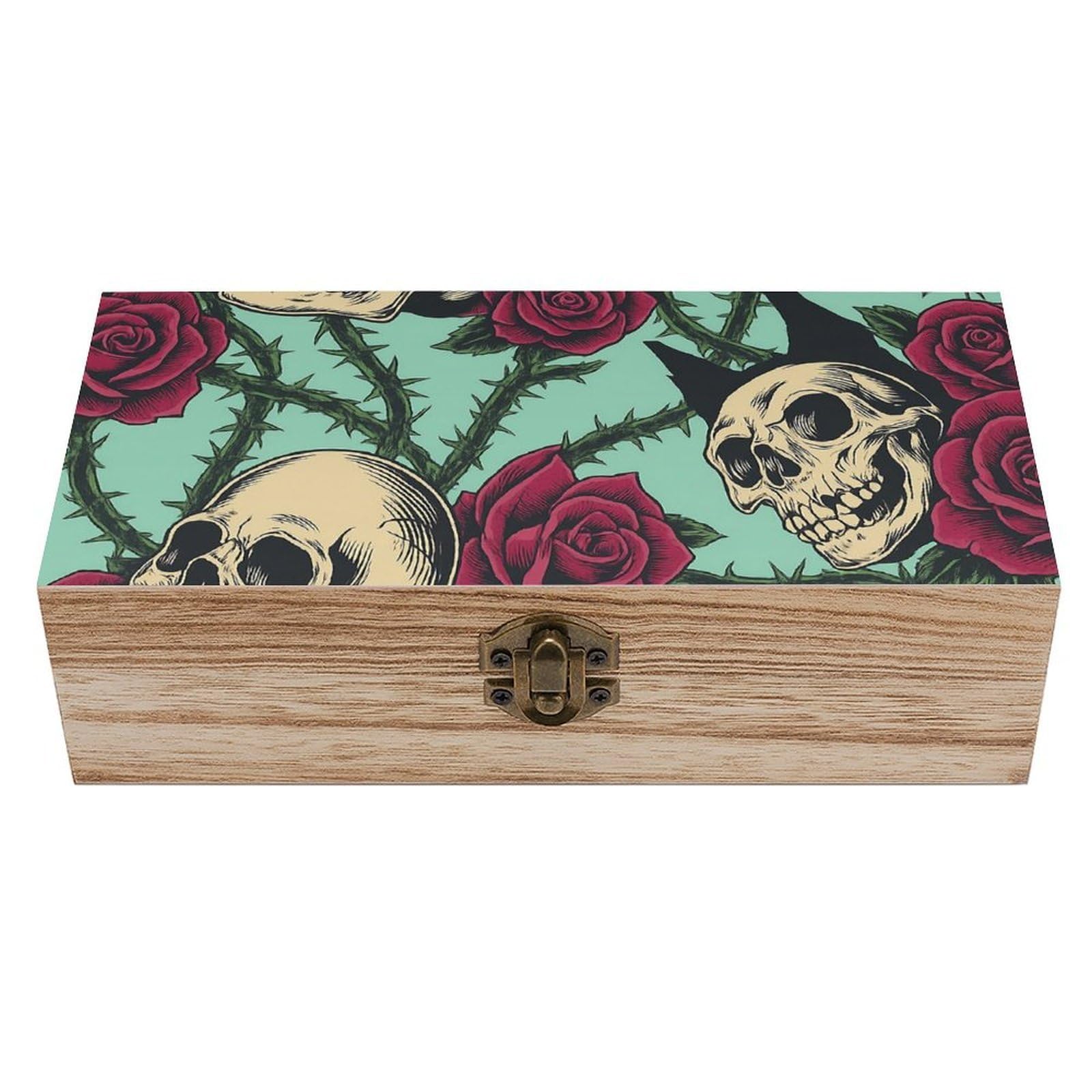 SMAZDFXX Vintage Skull And Rose Wooden Storage Box Multipurpose Decorative Box for Jewelry Photo Home Decor