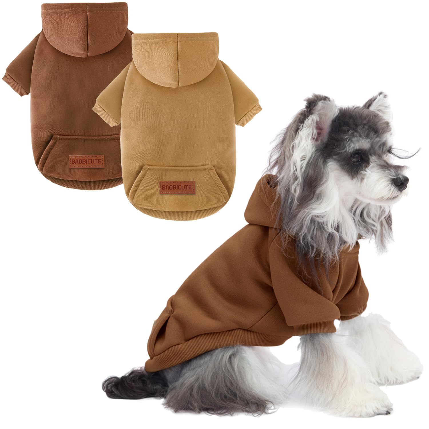 Photo 1 of 2 Pack Dog Hoodie Warm Hood Dog Sweater Cold Weather Small Dogs Sweatshirt Comfort Pet Clothes for Small Medium Dogs with Pockets (Coffee+Khaki, S (Back: 9.45",Chest: 14.9", 3.5-5.8lbs))