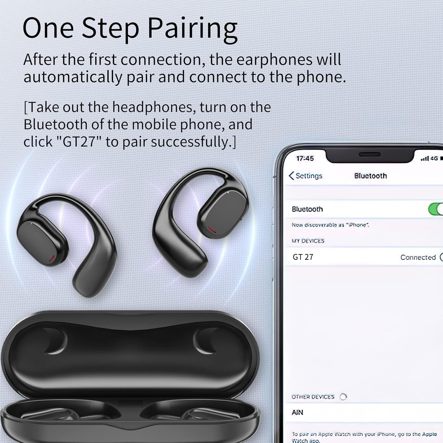 Image demonstrating the one-step pairing process for Falowy Open Ear Headphones with a smartphone's Bluetooth settings.