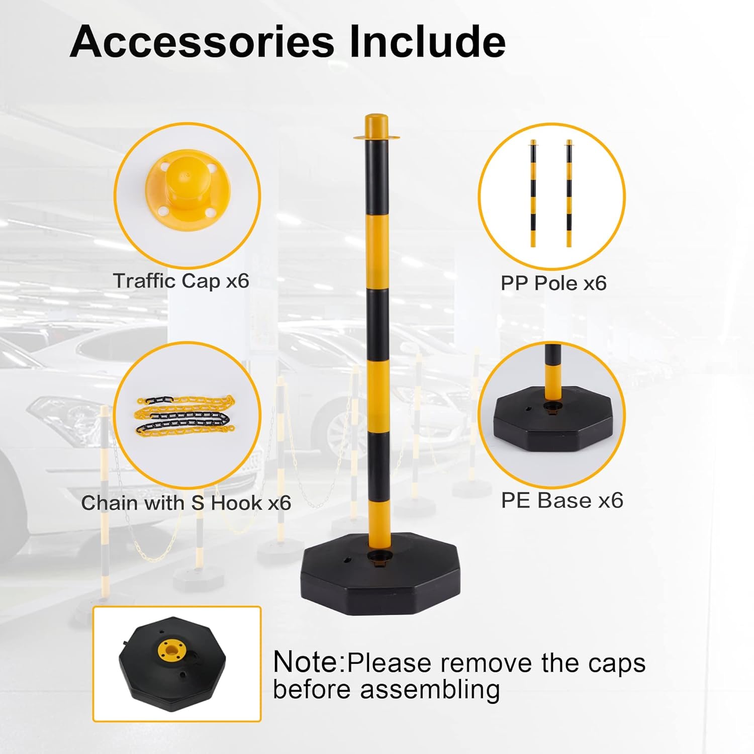 6 Pack Delineator Post Cone with Fillable Base & 5FT Chain,Traffic Delineator Post Cone,Plastic Stanchion Chain Safety Barriers Outdoor and Indoor Crowd Control Barricade,Yellow+Black