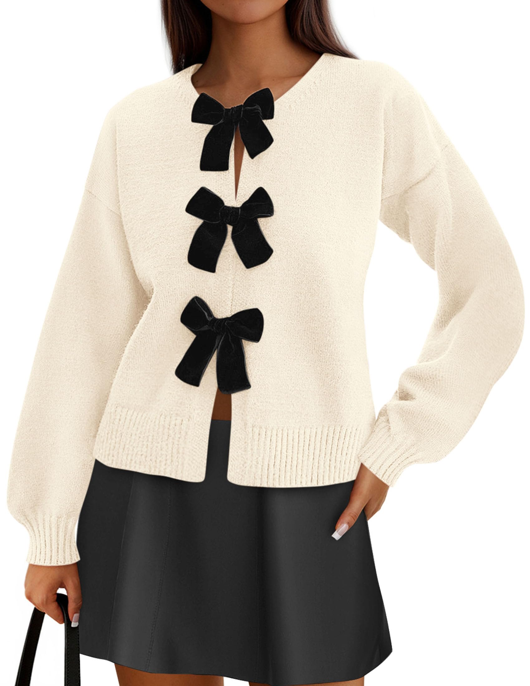 PRETTYGARDEN Cardigan Sweaters for Women Fall Fashion 2026 Bow Tie Front Long Sleeve Knit Sweater Tops Cute Winter