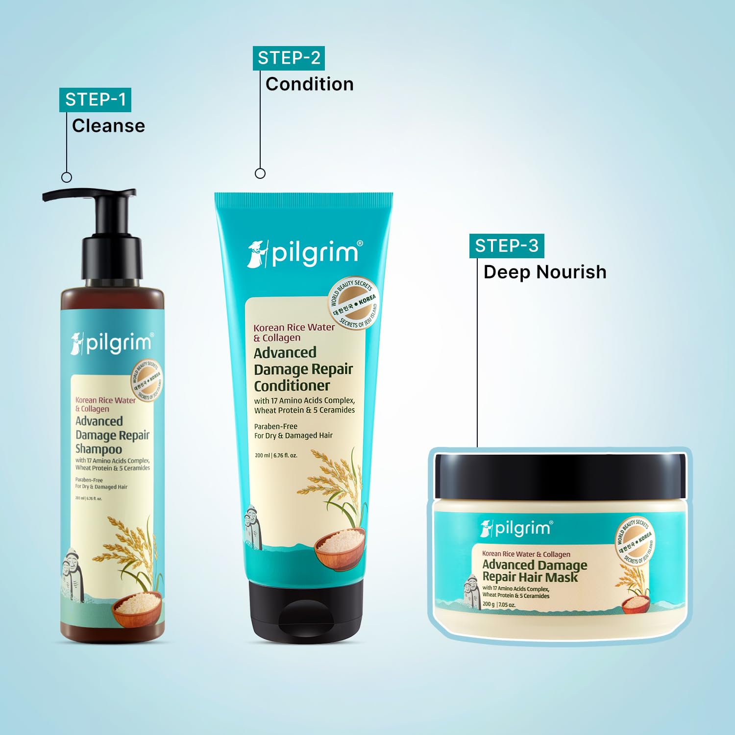 Pilgrim Korean Rice Water & Collagen Advanced Damage Repair Mask – 200Gm | Deep Repair for Dry, Frizzy & Damaged Hair | With 17 Amino Acids, Wheat Protein & Ceramides | Paraben-Free | For Women & Men - Image 7 thumbnail