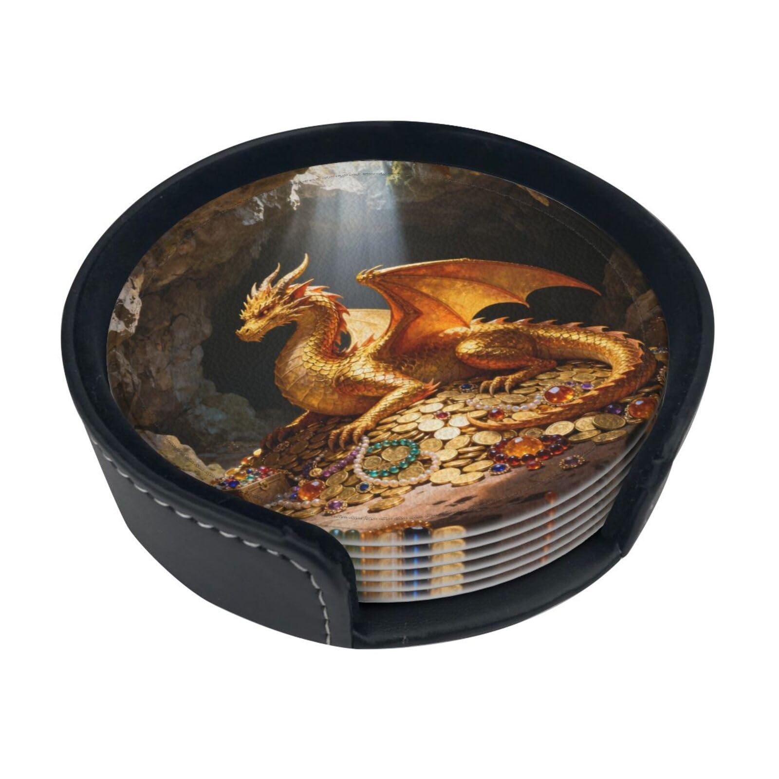 Golden Dragon Pattern Leather Coasters-Set of 6 with Storage Holder